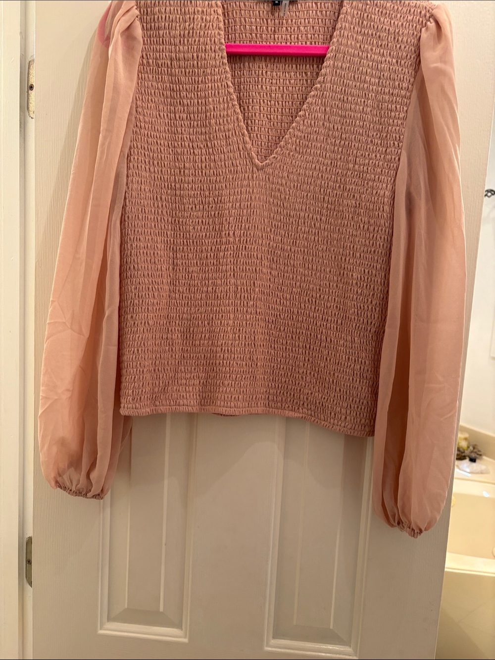 1. State Blush Pink Smocked V-Neck Top with Sheer Puff Sleeves